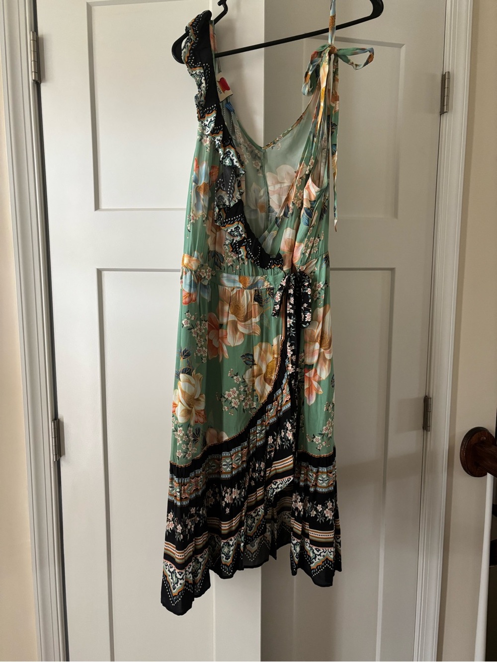 FARM Rio / Anthropologie Mint Green Floral One-Shoulder Dress with Black Trim